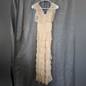 RAGA Anthropologie Woman's Peach Lace Tiered Maxi Dress Size Small